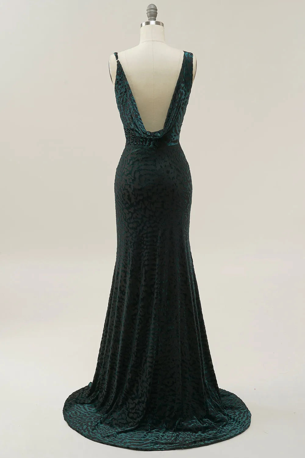 Vestido largo de fiesta de terciopelo verde, sin mangas, espalda descubierta, largo hasta el suelo, estilo sirena, escote en V